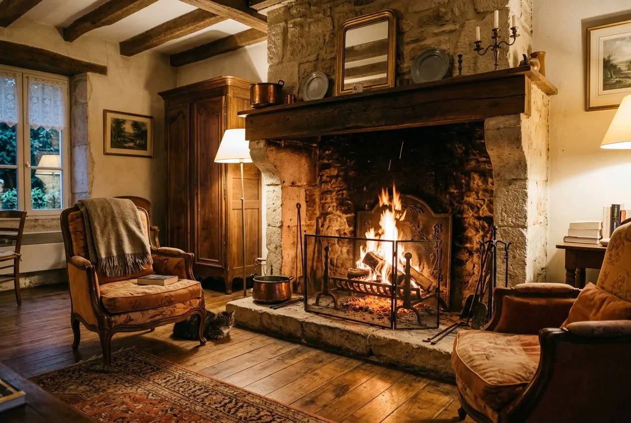 Cheminée avec feu dans une salle de séjour traditionnelle, bois apparents, fauteuils et lampes autour. cheminé foyer ouvert ou fermé ?