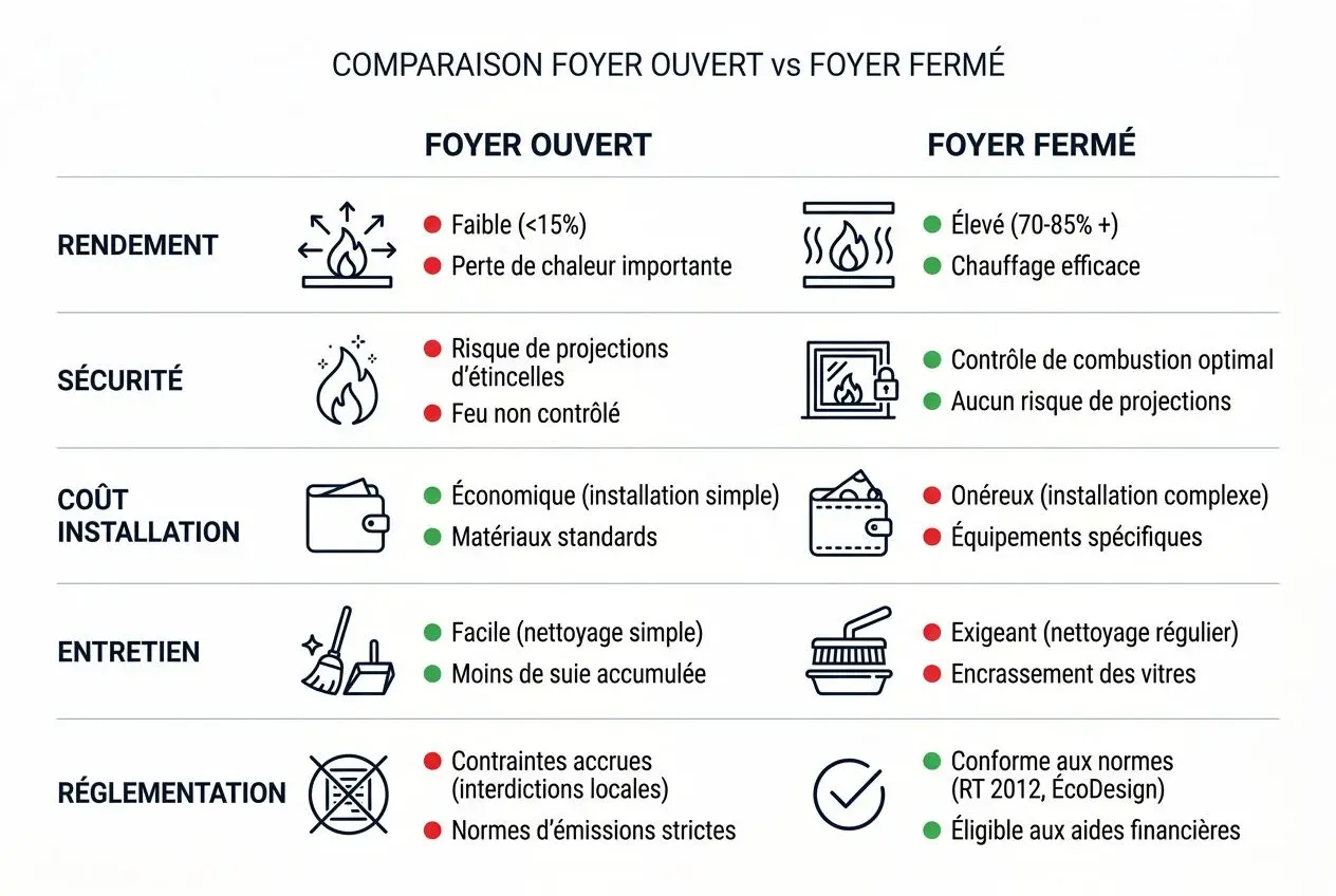 Comparaison foyer ouvert vs foyer fermé: rendements, sécurité et coût, avec règles et entretien.