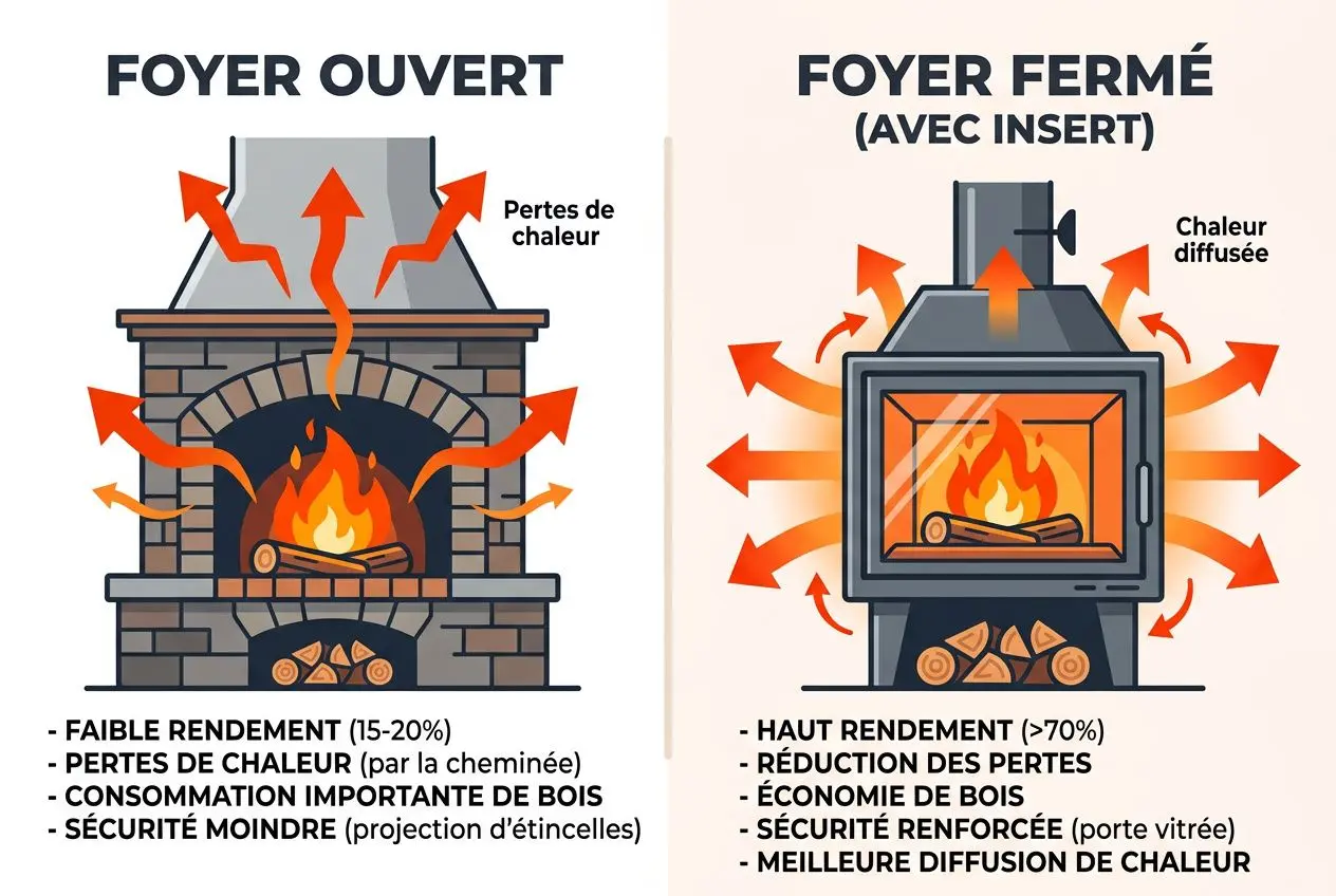 Comparatif: cheminée foyer ouvert ou fermé ? Illustration: foyer ouvert (haut rendement faible) vs foyer fermé avec insert (haut rendement).