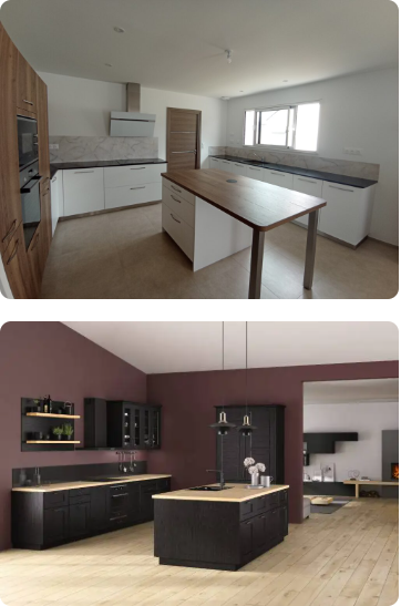 Cuisine moderne avec îlot central et rangements blancs, ambiance lumineuse et ouverte. Cuisine sombre avec îlot et étagères, espace de vie connecté, style contemporain et chaleureux.