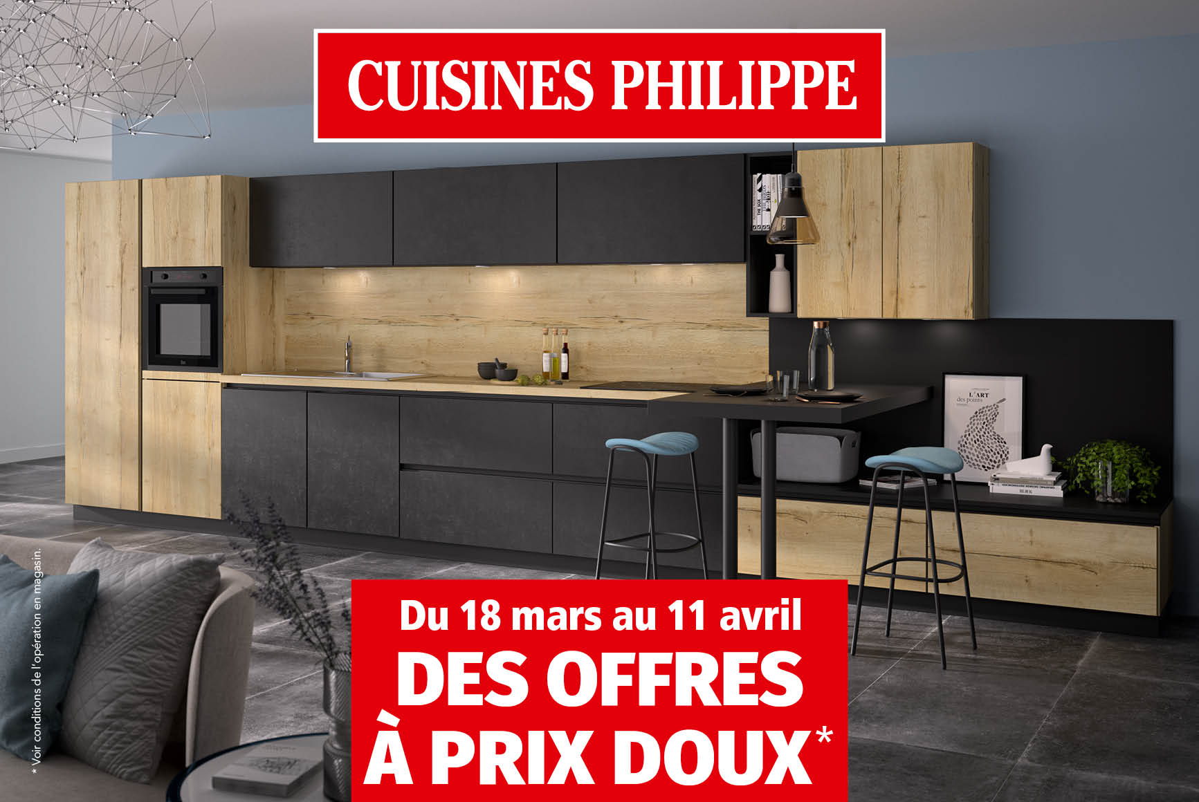 Cuisine ouverte ou fermée 2026 : cuisine moderne avec façades bois et noir, îlot bar et sièges, affiches promo lumineuses.